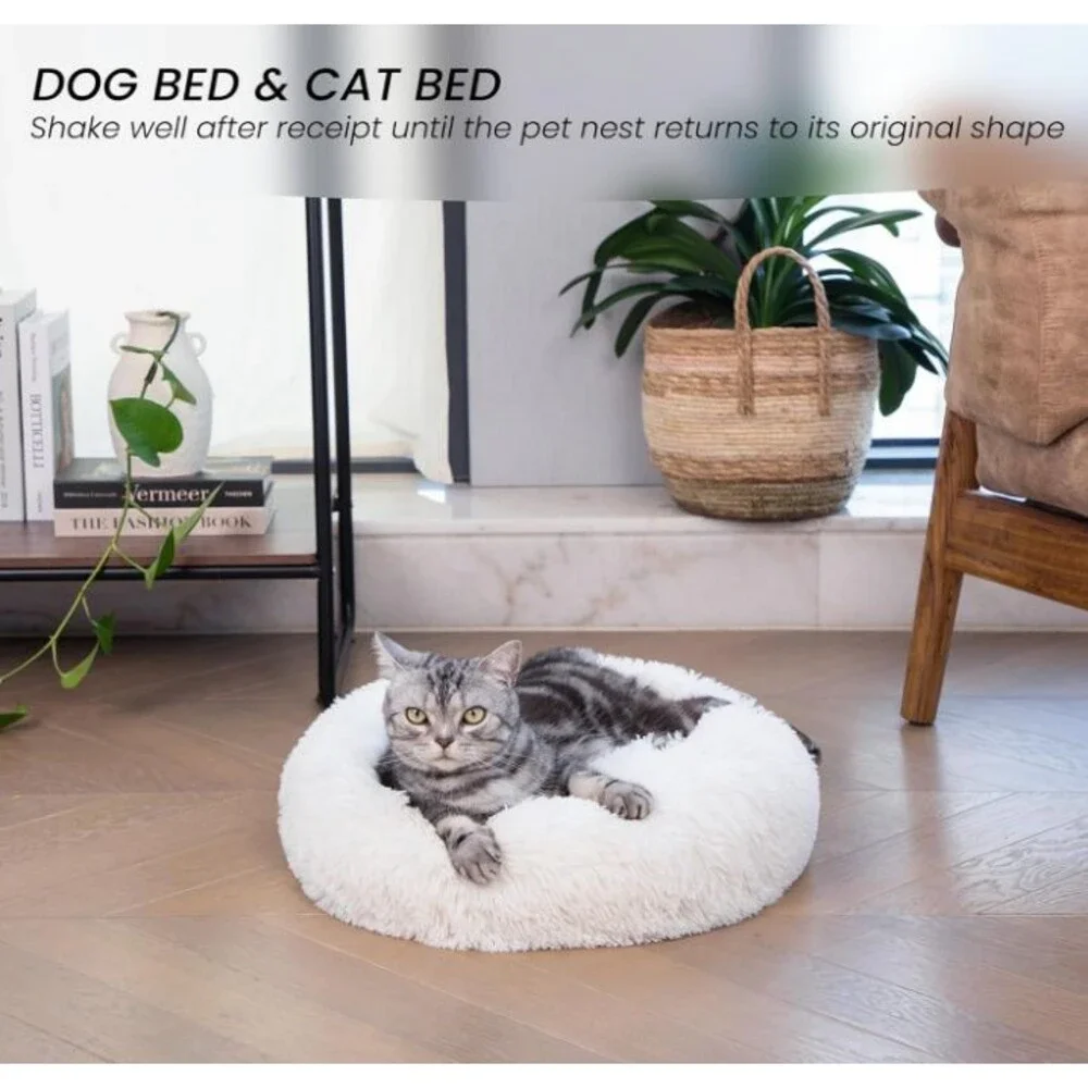 Calming Donut Cat Bed 24-Inch Faux Fur Plush Anti-Slip Waterproof White